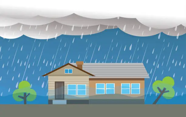 Vector illustration of Flood natural disaster with house, heavy rain and storm