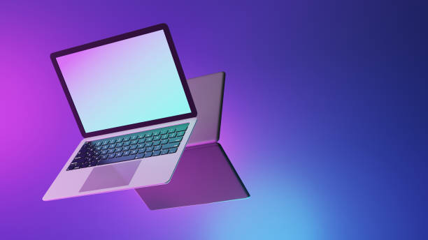 istock Laptop computer with blank purple screen placed on circle stand and blue lighting background. 1292038825