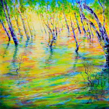 Dappled sunlight on sea water flooding a low lying island with Mangrove Trees on the Gold Coast, Australia. An original Acrylic painting by Judi Parkinson