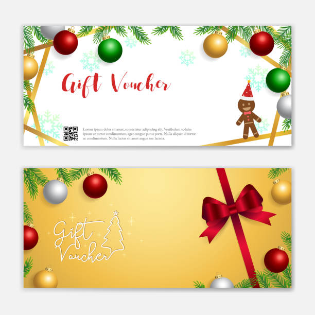 Christmas and new year gift certificate, voucher, gift card or cash coupon template with xmas ornament in vector format Christmas and new year gift certificate, voucher, gift card or cash coupon template with xmas ornament in vector format toll free stock illustrations