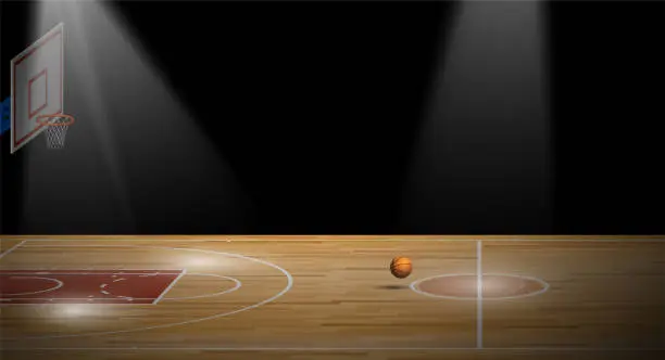 Vector illustration of bright beam illuminates sports basketball court with backboard, hoop and ball for banner. Background for competition. Vector