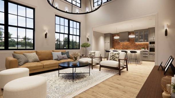 istock 3d rendering. Interior house modern open living space with kitchen. modern loft style Duplex apartment residence. Home decoration  interior design. 1292046636
