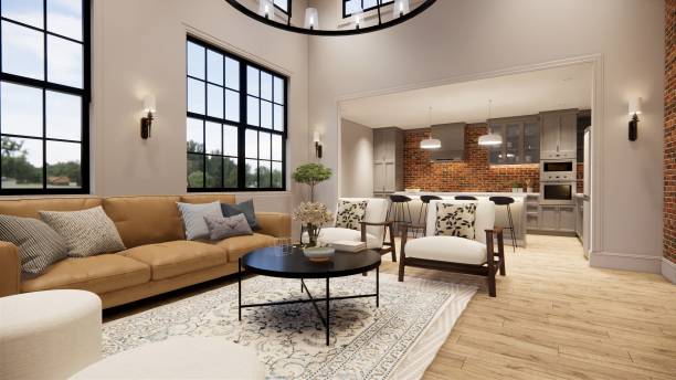 istock 3d rendering. Interior house modern open living space with kitchen. modern loft style Duplex apartment residence. Home decoration  interior design. 1292046638