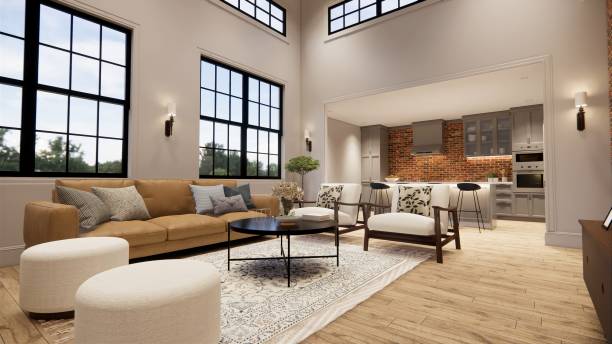 istock 3d rendering. Interior house modern open living space with kitchen. modern loft style Duplex apartment residence. Home decoration  interior design. 1292046657