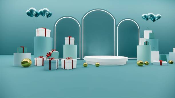 istock 3D rendering. Minimalistic Christmas Background.Gifts boxes. Stand stage backdrop.Space for product. pastel colour. 1292047469