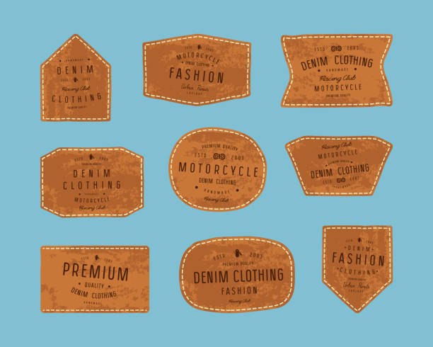 satz von leder-patch für jeans-kleidung - leather stock-grafiken, -clipart, -cartoons und -symbole