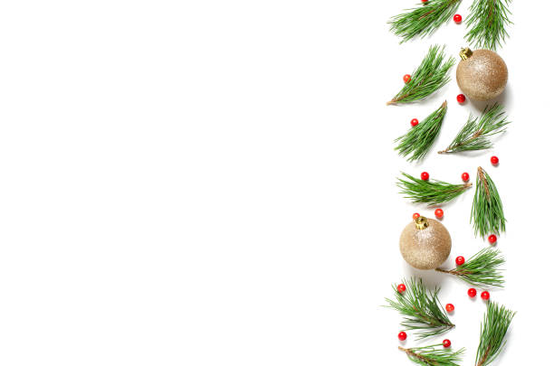 istock Christmas composition on a white background. Pine branches and Golden Christmas balls. Flat lay, top view, copy space. 1292053612