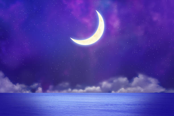 crescent moon and the clouds and the sea in the night illustration of moon in the sky, the clouds and the sea photo background illustration crescent photos stock pictures, royalty-free photos & images