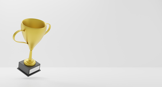 Winners gold cups on white background. Trophies with stand. 3d rendering.