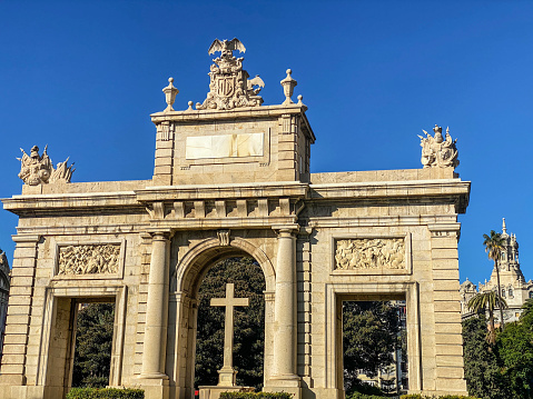 Valencia, Spain - November 30, 2020: The monument called Puerta de la Mar in the city downtown. This is a reproduction of the old Puerta del Real, not to far from its actual position that leaded the way to the long gone Real Palace of Valencia