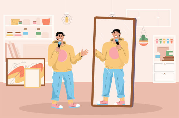 Professional comedian preparing for stand up performance Professional comedian preparing for stand up performance at home. Artist rehearsing jokes standing in front at mirror. Live entertainment performance, comic show. Vector character illustration mirror writing stock illustrations