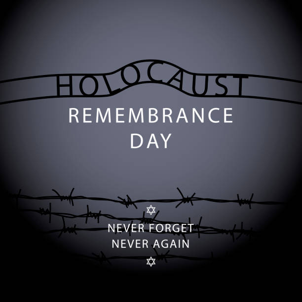 Holocaust Never Again Remembering the holocaust tragedy of Jews for the Holocaust Remembrance Day that occurred during the Second World War with the gate sign of the Auschwitz Concentration Camp, barbed wire and Star of David on the black background nazism stock illustrations