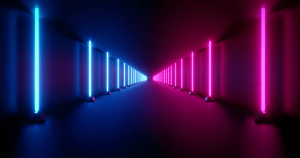 Dark tunnel with blue and pink neon light. 3d rendering dark tunnel with row of blue and pink neon light. fluorescent stock pictures, royalty-free photos & images
