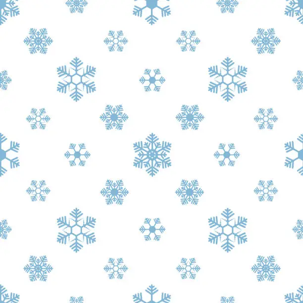 Vector illustration of Snowflakes. Repeating vector pattern. Isolated colorless background. Seamless festive ornament. Delicate crystal background. Idea for web design, packaging, wallpaper, cover, textile. Frostwork. Frozen star. Happy new year and merry christmas. Flat style.