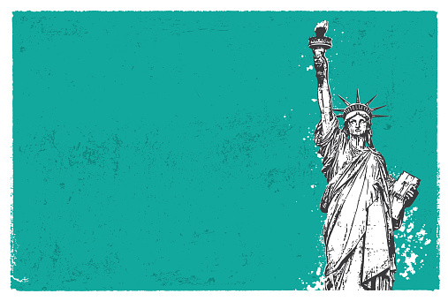 Urban, grunge, splatter, stained abstract background of NewYork City with copy space. Statue of Liberty grunge backdrop vector illustration.