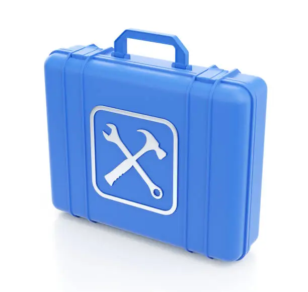 Modern plastic case for storing and carrying work tools with the appropriate pictogram in front side of it. 3D rendering graphics on reflective white background.