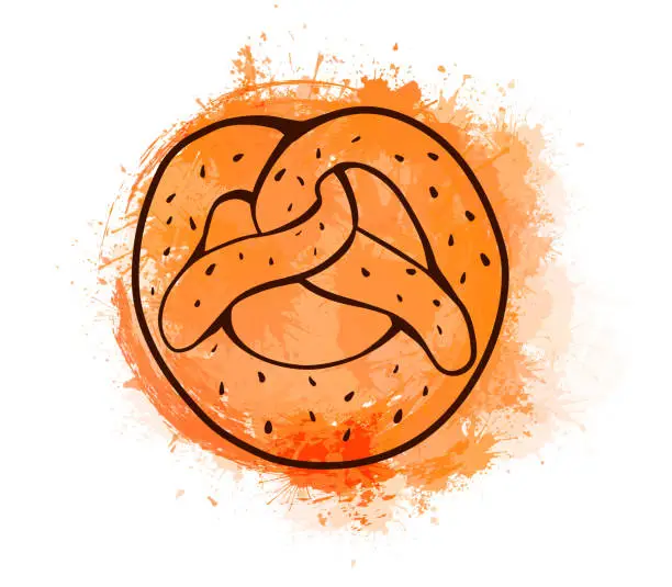 Vector illustration of Contour bavarian pretzel treat on watercolor splashes. Baking bun with sprinkles. German food at Beer Fest. Vector outline illustration