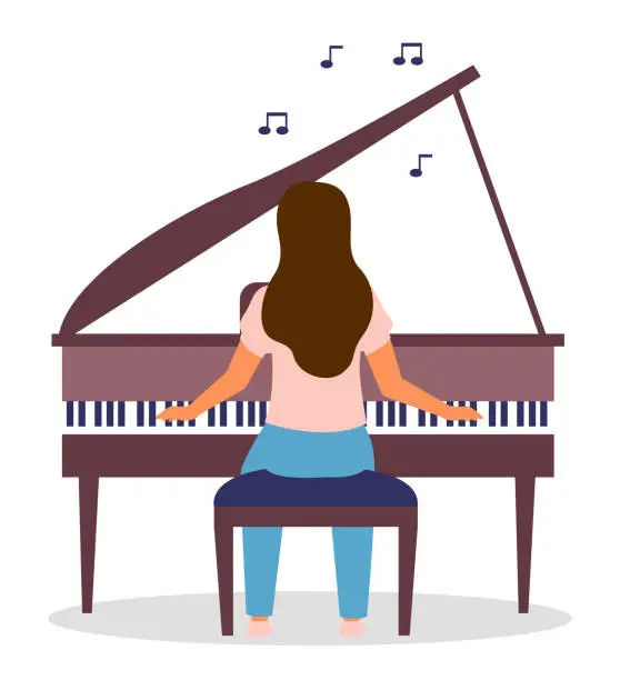 Vector illustration of Isolated woman playing piano, vector cartoon character playing music, notes icons, home activity