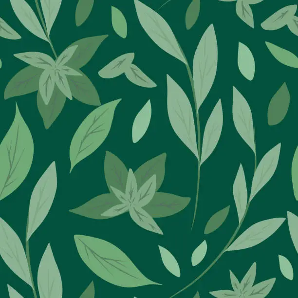 Vector illustration of Seamless pattern with simple green leaves and branches on green background. Herbal natural background. Green tea and mint. Vector flat hand drawn texture