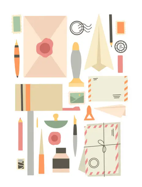 Vector illustration of Set of various supplies on the theme of old letters and mail. Envelopes, stamps, paperweights, mailbox, office supplies. Wax and ordinary seals.