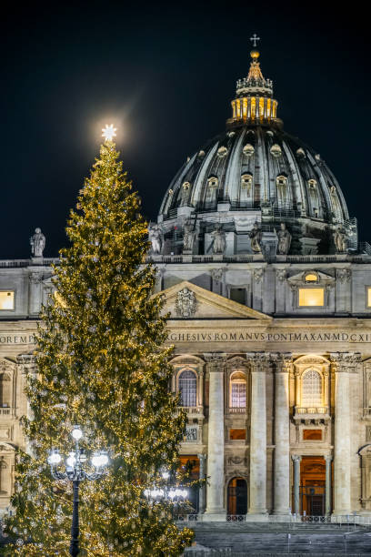 una scena notturna del grande albero di natale nella piazza della basilica di san pietro in vaticano - st peters square foto e immagini stock