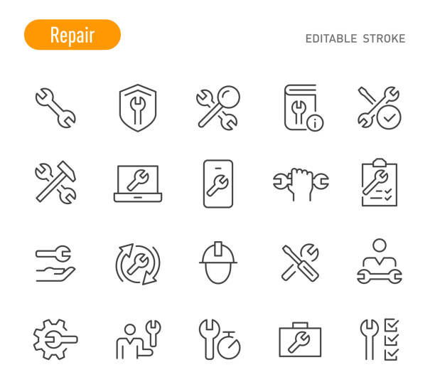 ilustraciones, imágenes clip art, dibujos animados e iconos de stock de iconos de reparación - serie de líneas - trazo editable - wrench