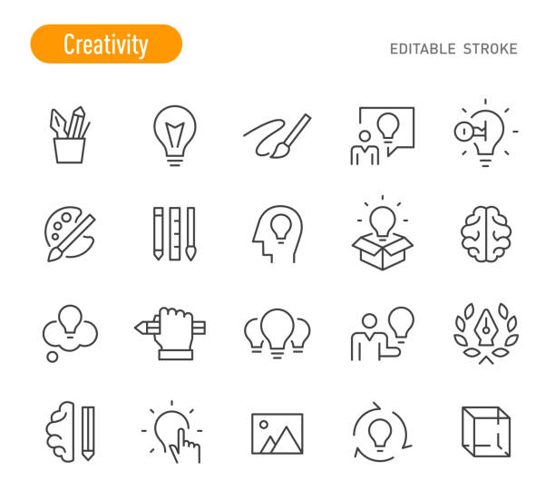 ilustraciones, imágenes clip art, dibujos animados e iconos de stock de iconos de creatividad - serie de líneas - trazo editable - creatividad