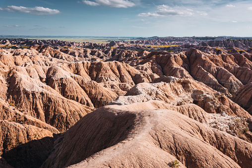 View of the Badlands from a helicopter close to sunset