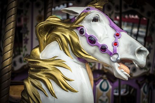 Myrtle Beach, South Carolina, USA - February 9, 2015: Horse on vintage carousel ride at Broadway At The Beach. The vintage carousel was salvaged and refurbished from the former Myrtle Beach Pavilion.