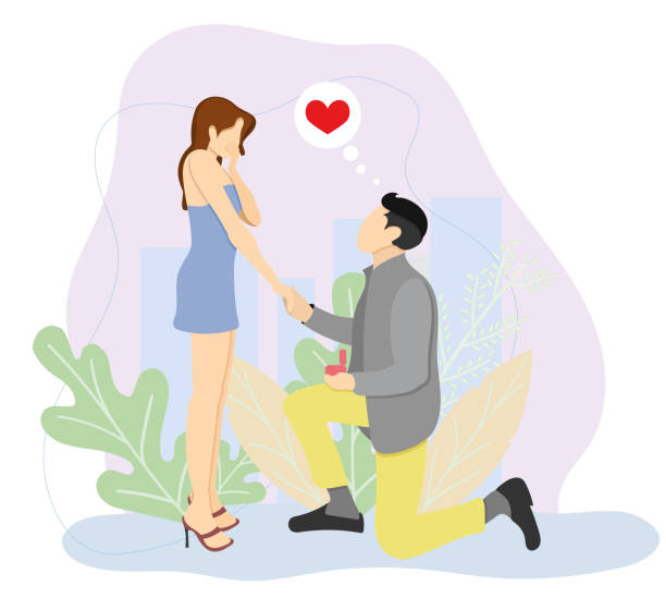 Proposal. Man loves woman. Guy makes girl an offer. Marriage proposal.Marry me.Love Engagement, Betrothal Proposal. Young Man Stand on Knee with Wedding Ring Making Offer to Woman Asking her Marry him. Vector illustration in cartoon style. Proposal. Man loves woman. Guy makes girl an offer. Marriage proposal.Marry me.Love Engagement, Betrothal Proposal. Young Man Stand on Knee with Wedding Ring Making Offer to Woman Asking her Marry him. Vector illustration in cartoon style. wedding cartoon stock illustrations