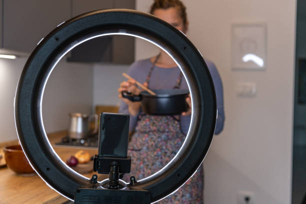 Cooking and live streaming video on smartphone with LED ring light