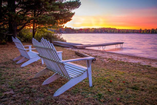 Sunset Over Lake On Waterfront With Adirondack Chair