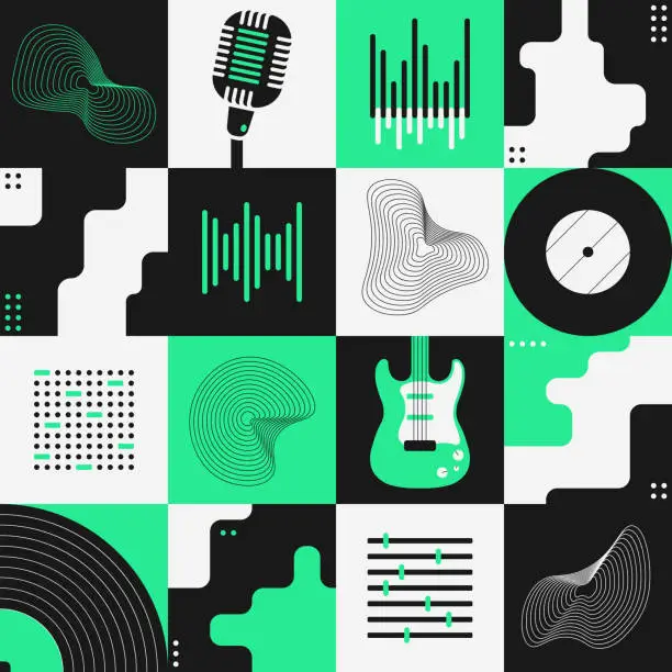 Vector illustration of Abstract art composition with various geometric shapes, objects and musical instruments. Poster design. Music concept. Graphic design for backdrop, banner, brochure, leaflet or signboard.