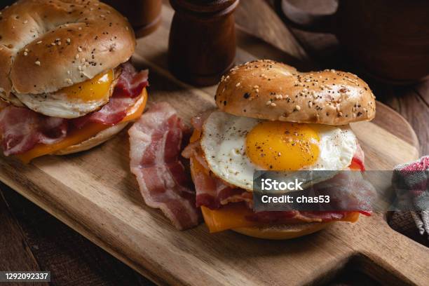 Breakfast Sandwich On A Bagel Stock Photo - Download Image Now - Breakfast, Sandwich, USA