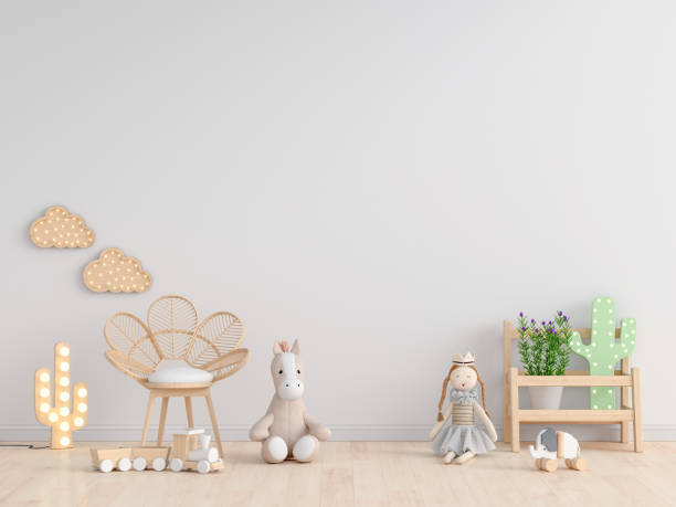 istock Doll on floor in white child room for mockup, 3D rendering 1292093255