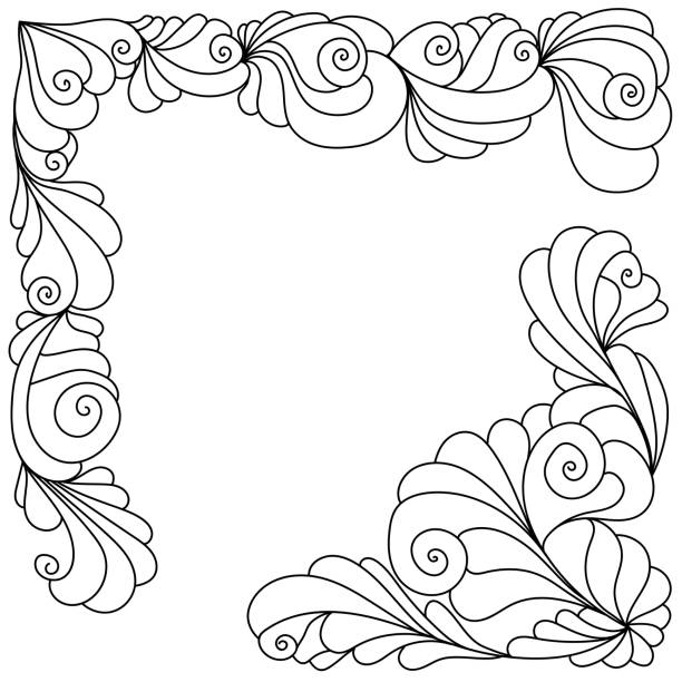 ilustrações de stock, clip art, desenhos animados e ícones de zen corner made of spiral contour details and waves, antistress coloring page with doodle elements - corner arc frame swirl