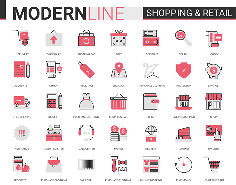 Shopping retail red black flat line icon vector illustration set. Linear commercial shop website app symbols for online order, free shopping delivery, customer web support call center editable stroke