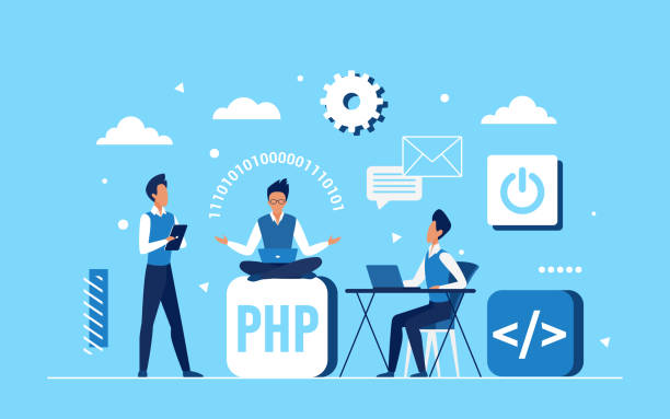 ilustrações, clipart, desenhos animados e ícones de equipe de pessoas codificadoras do programador trabalham no desenvolvimento de aplicativos - php