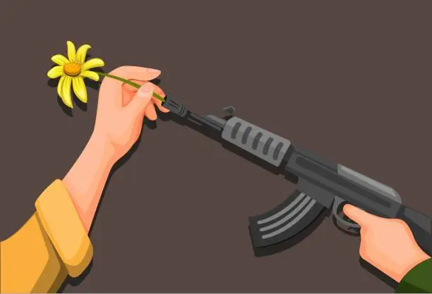 Vector illustration of Flower Power, Hand put flower on soldier rifle gun symbol for peace and stop war concept in cartoon illustration vector
