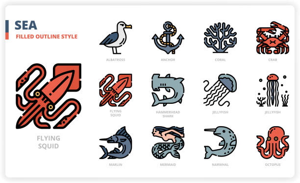 Sea icon set Sea icon set for website, application, printing, document, poster design, etc. tiger shark stock illustrations