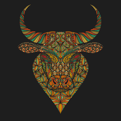 Ornamental ox head. T-shirt print, decoration for the Chinese year of ox. Portrait of a bulls face.
