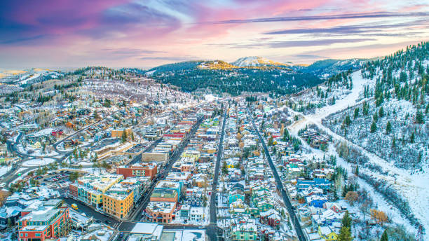 Park City, Utah, USA Downtown Skyline Aerial Park City, Utah, USA Downtown Skyline Aerial. utah stock pictures, royalty-free photos & images