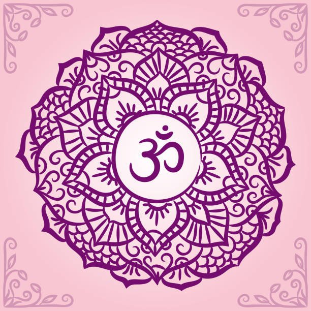 illustrazioni stock, clip art, cartoni animati e icone di tendenza di segno om. icona di schizzo di sahasrara. la settima corona, chakra parietale. simbolo di linea viola vettoriale. meditazione sacrale - om symbol yoga symbol hinduism