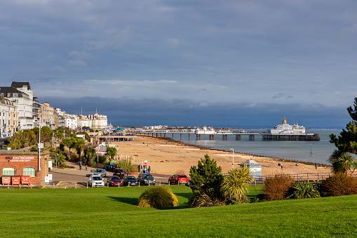 Eastbourne, United Kingdom - Dec 12, 2020: Eastbourne Pier is a seaside pleasure pier in Eastbourne, East Sussex, on the south coast of England.