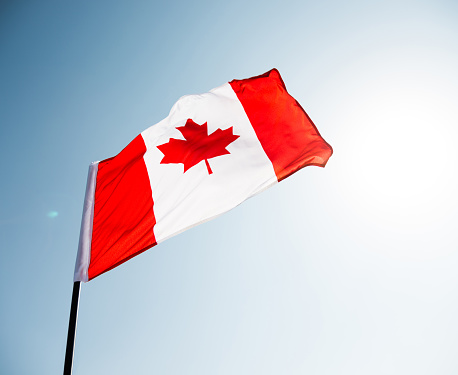 Canadian flag waving  against clear blue sky