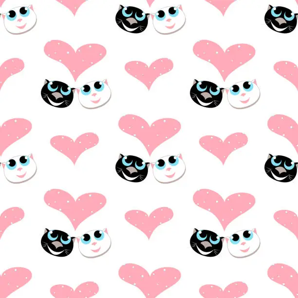 Vector illustration of seamless pattern with pair of cats in love look at a big heart. vector.