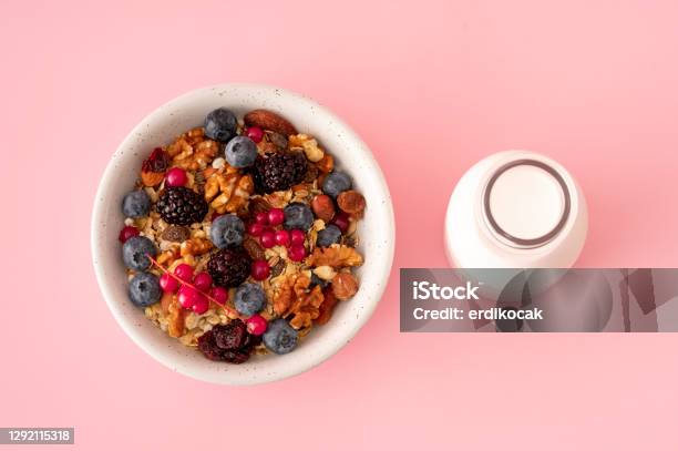 Healthy Breakfast With Muesli And Berries Stock Photo - Download Image Now - Granola, High Angle View, Milk