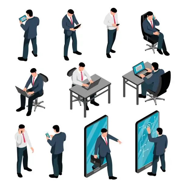 Vector illustration of Men With Device Isometric Set