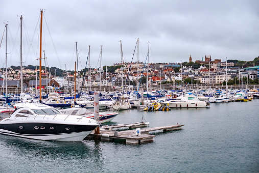 Crowded Marina and surrounding town at Saint Peter Port on the Isle of Guernsey