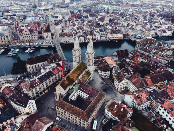 Aerial photo of Grossmünster Church in Zurich, Switerland stock photo